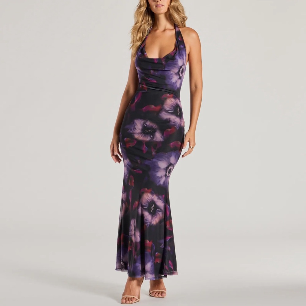 Sultry Halter Cowl Neck Purple Floral Maxi Dress